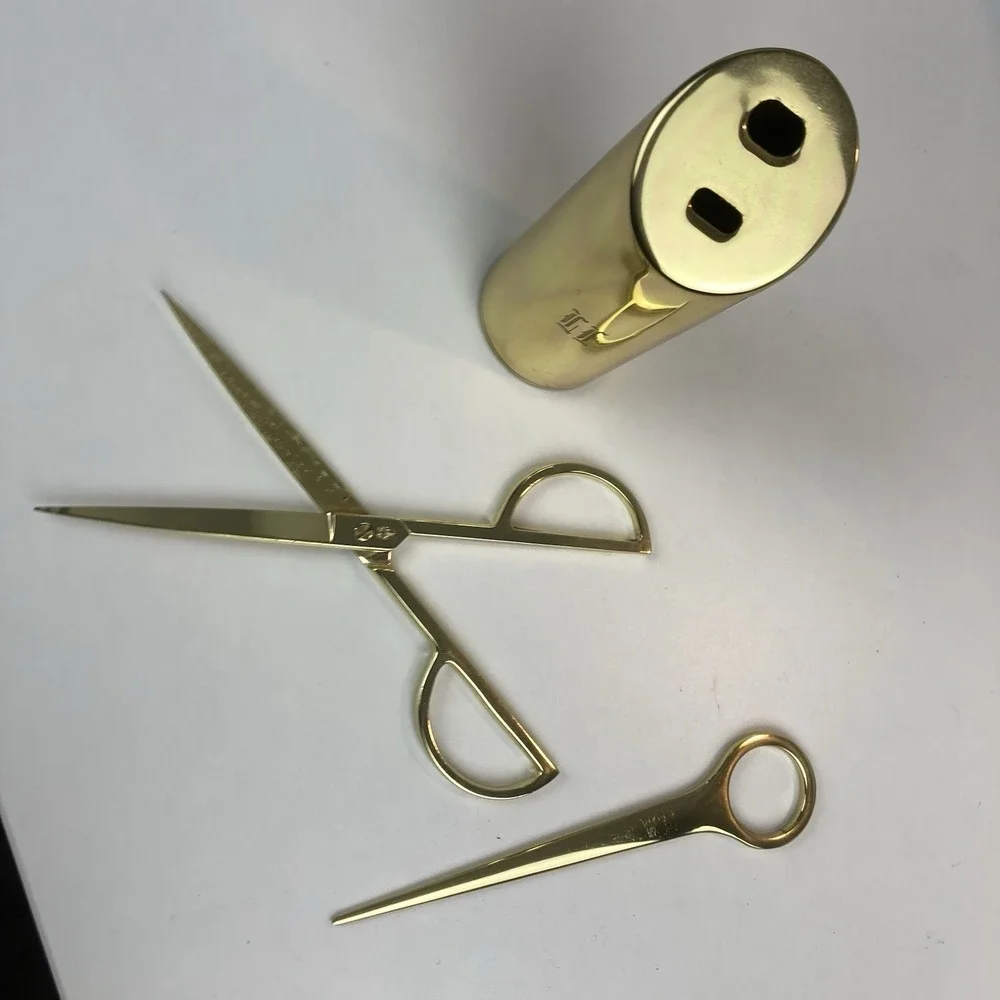 Vintage Modernist Solid Brass Gold Tone Scissors / Letter Opener Desk Set with H